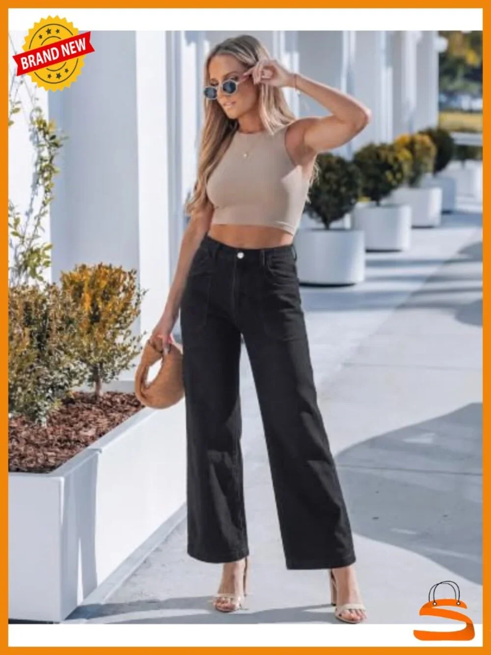 Wide Leg Jeans High Waisted Straight Leg Denim Pants Loose Stretchy Patch Pocket